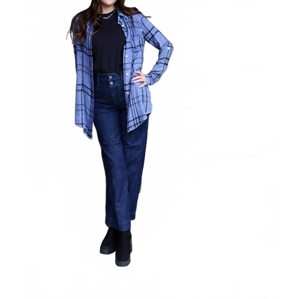 NEW THE NU VINTAGE bird patch button up flannel top in blue